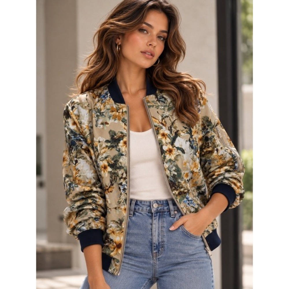 Philosophy Republic Clothing Floral Bomber Jacket Tan Blue Tropical Size L